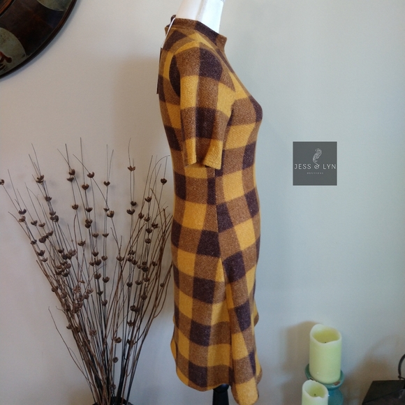 🆕 JAYME-Mustard/Brown Checkered Hi Neck Dress - Picture 2 of 8